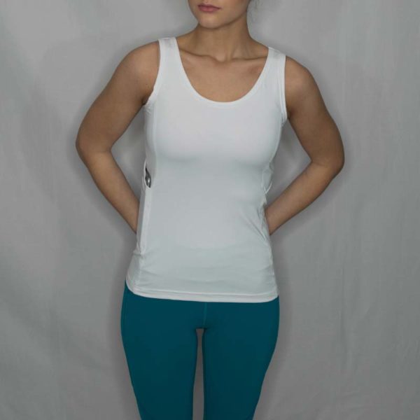 White tank top with two hidden pockets to carry your cell phone, passport or keys